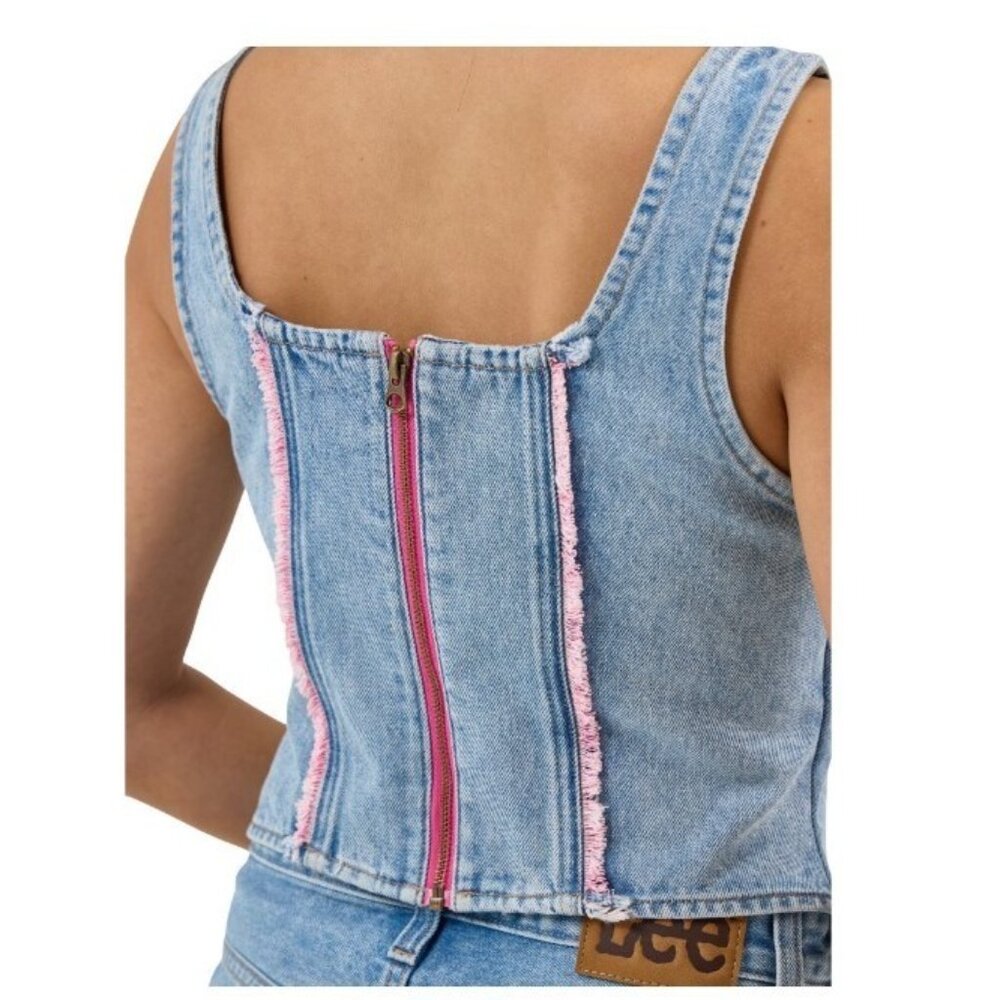 New Lee Denim Crop Tank Top With Pink Frayed Trim Zip Back Jean Sz XS - Picture 2 of 7